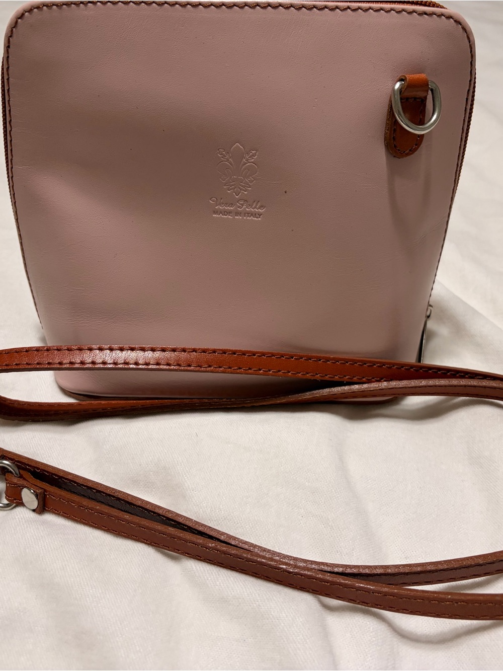 Vera Pelle Blush Pink Leather Crossbody with Brown Strap